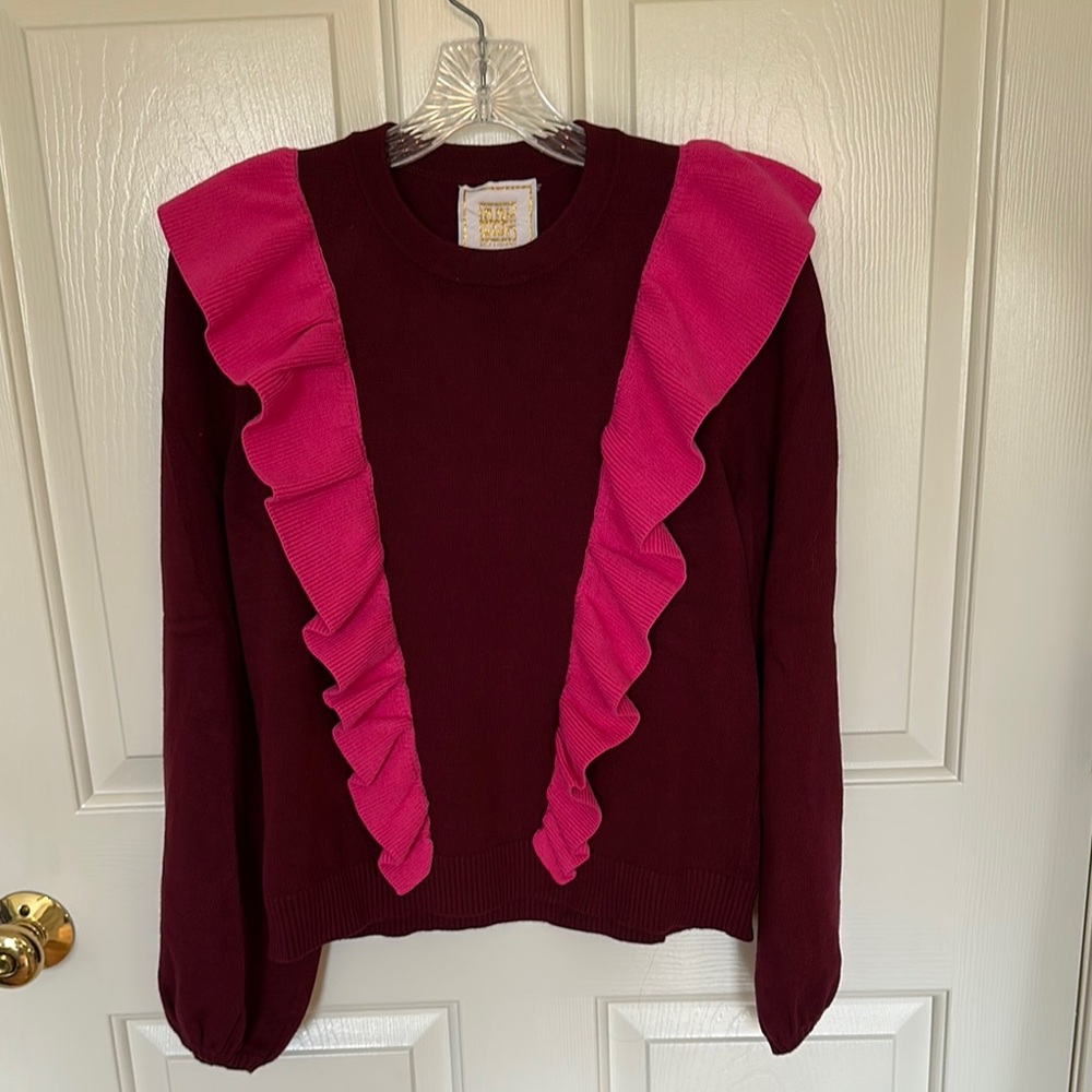 Women’s Burgundy Sweater with Pink Ruffle Detail